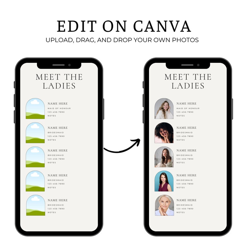 May include: A mobile phone screen mockup showing a list of names with the title "Meet the Ladies". Each name is accompanied by a photo of a woman and the text "Maid of Honor" or "Bridesmaid".