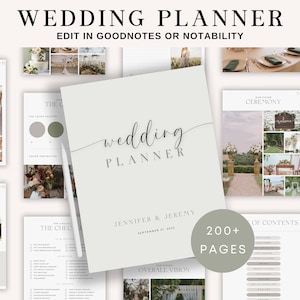 Op de afbeelding: Een bruiloftplanner met een groen en wit kleurenschema. De omslag heeft de tekst "wedding planner" in een cursief lettertype. De planner is ontworpen om te worden gebruikt met de apps Goodnotes of Notability. De planner bevat meer dan 200 pagina's inhoud.