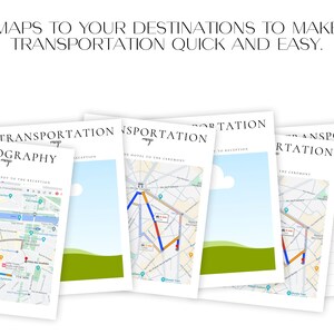 May include: A set of five printable maps for wedding transportation. The maps are titled "Transportation Map" and include routes for the ceremony, reception, photography, and hotel to ceremony. The maps are in a light blue, green, and white color scheme.