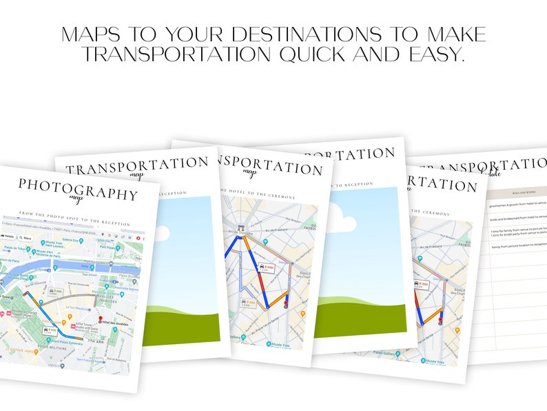 May include: A set of five printable maps for wedding transportation. The maps are titled "Transportation Map" and include routes for the ceremony, reception, photography, and hotel to ceremony. The maps are in a light blue, green, and white color scheme.