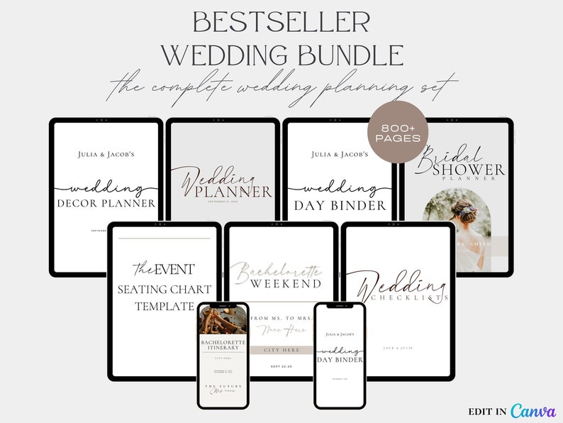 May include: A digital wedding planning bundle with over 800 pages of printable checklists, seating charts, and decor planners. The bundle includes a bridal shower planner, bachelorette weekend planner, and wedding day binder.