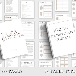 May include: A printable wedding checklist and seating chart template. The checklist includes sections for the attire, music, day before, and more. The seating chart template includes 15 different table types, including round, square, and rectangular tables.