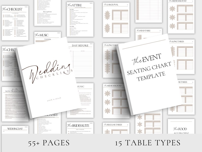 May include: A printable wedding checklist and seating chart template. The checklist includes sections for the attire, music, day before, and more. The seating chart template includes 15 different table types, including round, square, and rectangular tables.