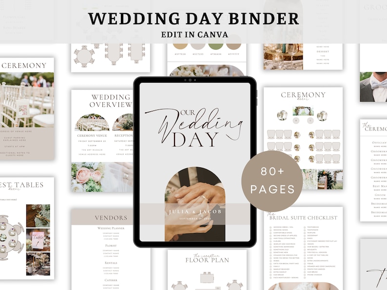 The Ultimate Wedding Day Binder Template, Edit in Canva, Wedding Itinerary, Instant Download, Digital Template, Printable, Wedding Planner image 1