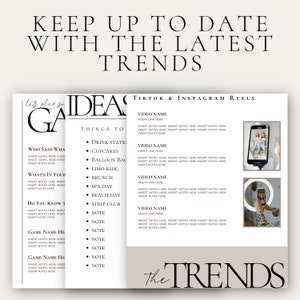 May include: A beige printable worksheet with the text "Keep Up To Date With The Latest Trends" at the top. The worksheet is divided into two sections: "Let's Play Game" and "Ideas: Things To Do". The "Let's Play Game" section includes a list of game ideas, such as "Who Said What", "What's In Your Bag", and "Do You Know That". The "Ideas: Things To Do" section includes a list of ideas for TikTok and Instagram Reels, such as "Drink Static", "Cupcakes", "Balloon Backdrop", "Limo Ride", "Brunch", "Spa Day", "Beach Day", and "Strip Club".