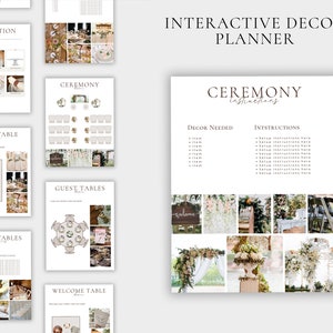 K&ouml;nnte beinhalten: Ein druckbarer Hochzeitsplaner mit Anweisungen zum Aufbau einer Zeremonie. Der Planer enth&auml;lt eine Liste der ben&ouml;tigten Dekorationen, Aufbauanweisungen und eine Collage mit Fotos, die verschiedene Hochzeitsideen zeigen.