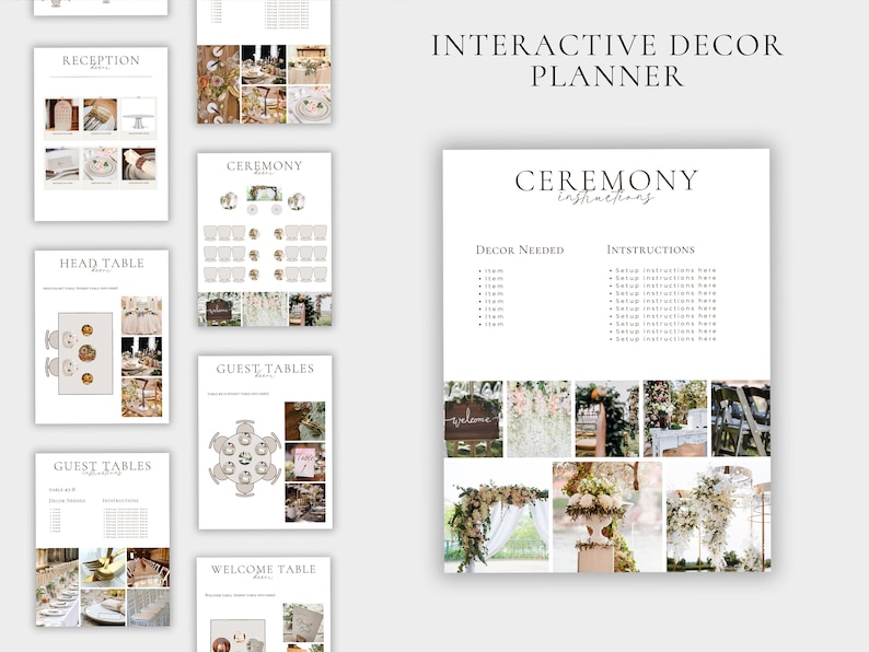 K&ouml;nnte beinhalten: Ein druckbarer Hochzeitsplaner mit Anweisungen zum Aufbau einer Zeremonie. Der Planer enth&auml;lt eine Liste der ben&ouml;tigten Dekorationen, Aufbauanweisungen und eine Collage mit Fotos, die verschiedene Hochzeitsideen zeigen.