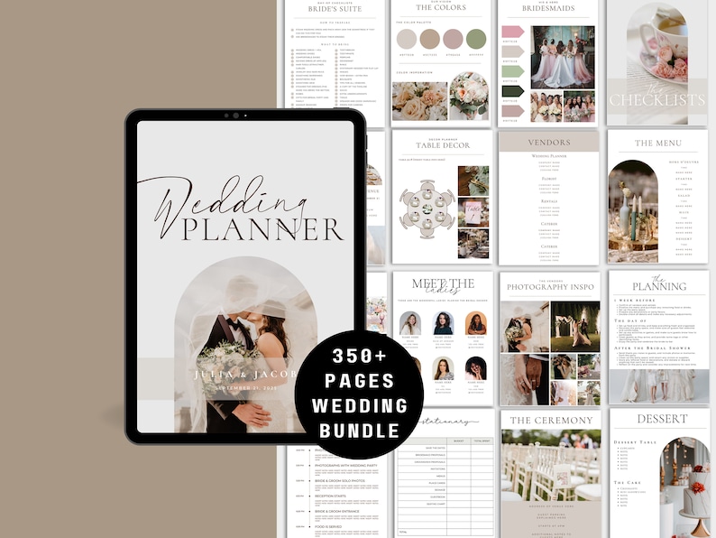 K&ouml;nnte beinhalten: Ein digitaler Hochzeitsplaner mit &uuml;ber 350 Seiten, der auf dem Cover ein Paar in romantischer Pose zeigt. Der Planer enth&auml;lt Abschnitte f&uuml;r die Brauts suite, die Farben, Brautjungfern, Tischdekoration, Anbieter, das Men&uuml;, die Begegnung mit der Familie, Fotoinspiration, die Planung, Briefpapier, die Zeremonie und das Dessert.