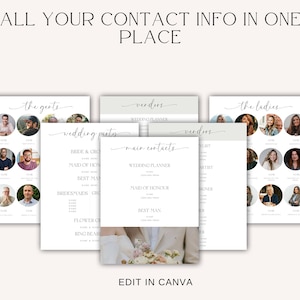 May include: A printable wedding planning checklist with sections for the wedding party, vendors, and main contacts. The checklist includes spaces for names, phone numbers, and email addresses. The checklist is designed to help couples stay organized and on track during the wedding planning process.