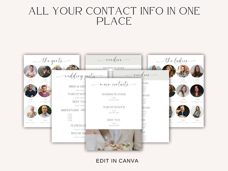 May include: A printable wedding planning checklist with sections for the wedding party, vendors, and main contacts. The checklist includes spaces for names, phone numbers, and email addresses. The checklist is designed to help couples stay organized and on track during the wedding planning process.