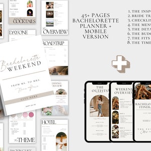 May include: A printable bachelorette weekend planner with a beige and brown color scheme. The planner includes a checklist, itinerary, and outfit ideas. The cover features the text "Bachelorette Weekend" and "From Ms. to Mrs."