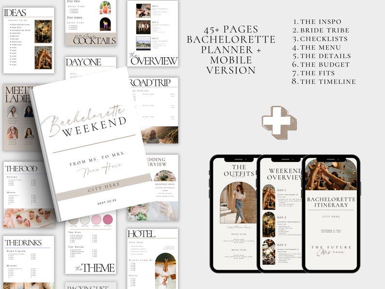 May include: A printable bachelorette weekend planner with a beige and brown color scheme. The planner includes a checklist, itinerary, and outfit ideas. The cover features the text "Bachelorette Weekend" and "From Ms. to Mrs."