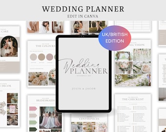 UK BRITISH ed. 200+ Pages Minimalist Wedding Planner Digital Template, Edit in Canva, Ultimate Wedding Guide, Wedding Checklists, Timelines