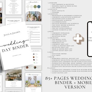 May include: A wedding day binder with over 85 pages, featuring a brown and white plus sign icon, and a mobile version of the binder. The binder is titled "Julia & Jacob's Wedding Day Binder".