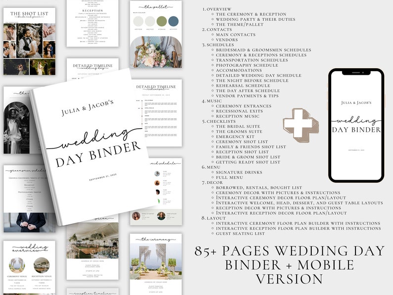 May include: A wedding day binder with over 85 pages, featuring a brown and white plus sign icon, and a mobile version of the binder. The binder is titled "Julia & Jacob's Wedding Day Binder".