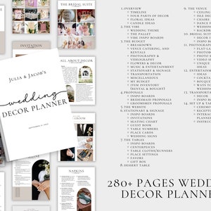 May include: A white wedding decor planner with the title "Julia & Jacob's wedding DECOR PLANNER" and the text "280+ PAGES WEDDING DECOR PLANNER". The planner is open to show different sections, including "The Bridal Suite", "All About Decor", "The Venue", "Photography", "Transportation", "The Tables", and "Dessert Table".