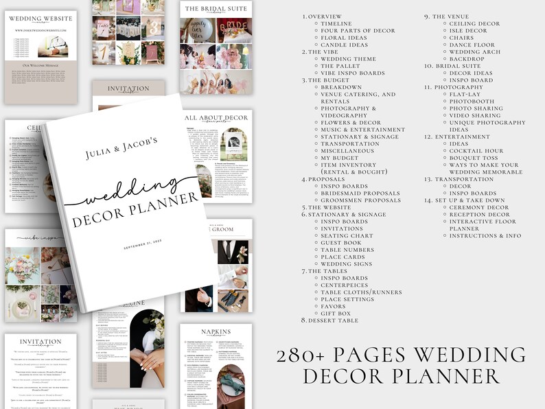 May include: A white wedding decor planner with the title "Julia & Jacob's wedding DECOR PLANNER" and the text "280+ PAGES WEDDING DECOR PLANNER". The planner is open to show different sections, including "The Bridal Suite", "All About Decor", "The Venue", "Photography", "Transportation", "The Tables", and "Dessert Table".