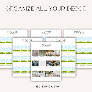May include: Printable checklist for organizing wedding decor. The checklist has 16 squares with a green and blue background and a white cloud. Each square has a space for a name and description. The checklist is labeled "DECOR" with a floral design.