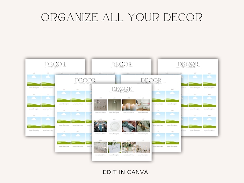 May include: Printable checklist for organizing wedding decor. The checklist has 16 squares with a green and blue background and a white cloud. Each square has a space for a name and description. The checklist is labeled "DECOR" with a floral design.