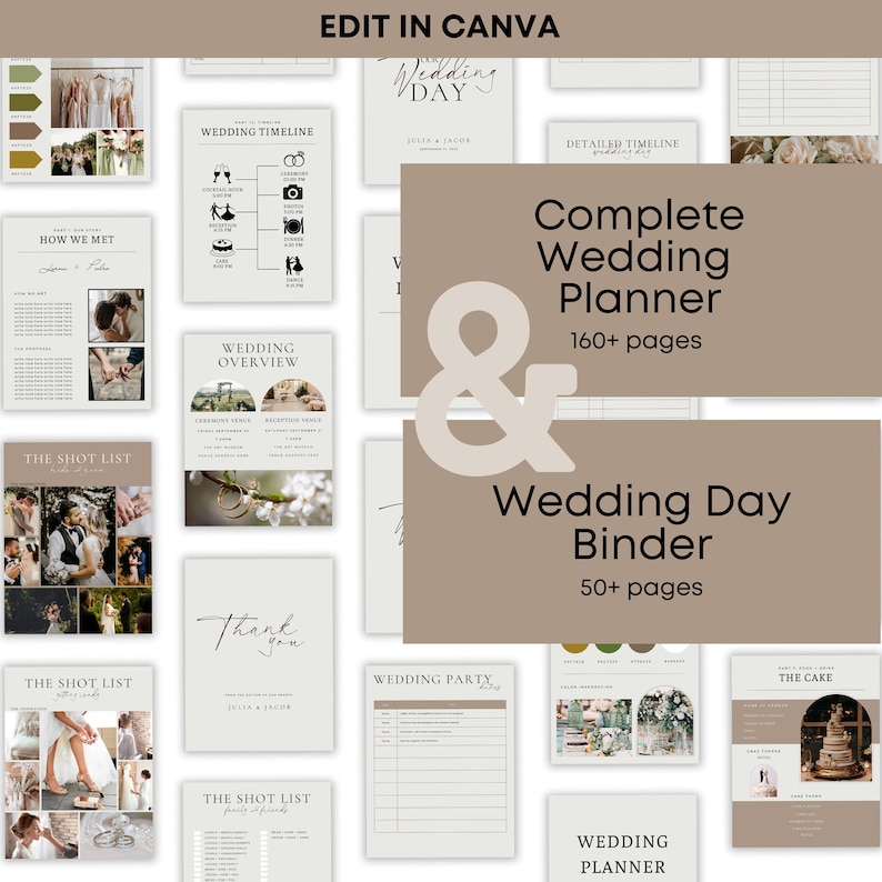 PACKAGED Wedding Day Binder Template, Complete Wedding Planner Template, For the DIY Bride and Wedding Coordinator Canva, Digital Download image 1