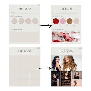 May include: A vision board template with two sections: "The Inspo" and "Hair Inspo". The "The Inspo" section has a color palette with four circles and a space for color inspiration. The "Hair Inspo" section has a grid of nine squares for hair inspiration.