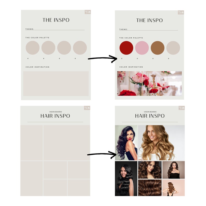 May include: A vision board template with two sections: "The Inspo" and "Hair Inspo". The "The Inspo" section has a color palette with four circles and a space for color inspiration. The "Hair Inspo" section has a grid of nine squares for hair inspiration.