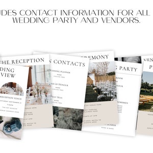 May include: A printable wedding planning checklist with sections for the ceremony, reception, wedding party, vendors, and contacts. The checklist includes space for names, phone numbers, and additional notes.