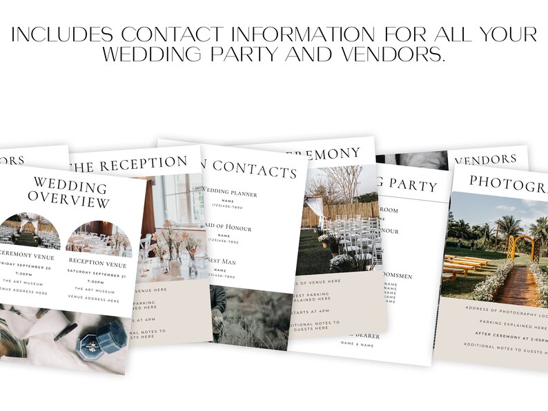 May include: A printable wedding planning checklist with sections for the ceremony, reception, wedding party, vendors, and contacts. The checklist includes space for names, phone numbers, and additional notes.