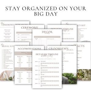 May include: A printable wedding planning checklist with sections for the ceremony, bridal suite, accommodation, groomsmen, decor, detailed timeline, and contact information. The checklist is designed to help couples stay organised on their big day.