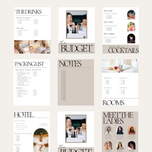 May include: A printable checklist for planning a girls' weekend getaway. The checklist includes sections for drinks, packing list, notes, rooms, signature cocktails, hotel, and meet the ladies. The checklist is designed in a minimalist style with a beige background and black text.