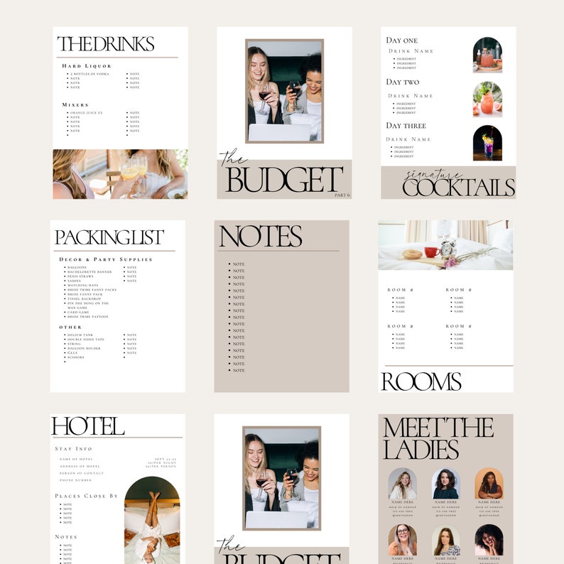 May include: A printable checklist for planning a girls' weekend getaway. The checklist includes sections for drinks, packing list, notes, rooms, signature cocktails, hotel, and meet the ladies. The checklist is designed in a minimalist style with a beige background and black text.
