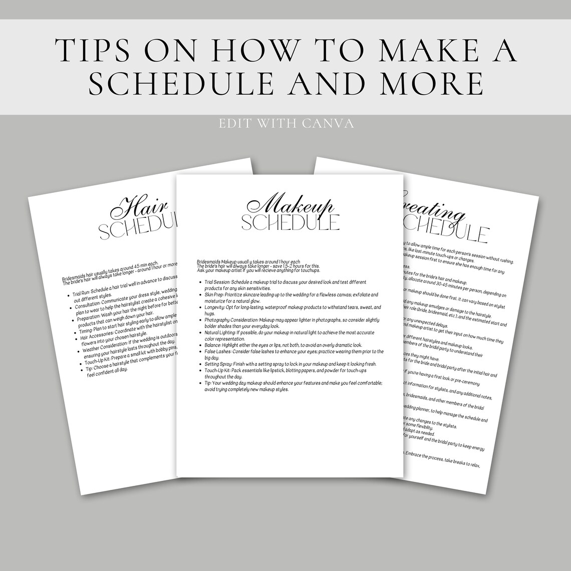 Wedding Hair and Makeup Schedule Template, Digital Wedding Glam ...