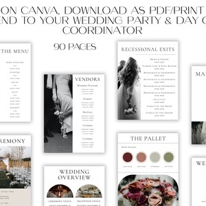 May include: A set of printable wedding planning templates with a black and white color scheme. The templates include sections for the ceremony, reception, vendors, and the wedding menu. The templates are designed to be edited on Canva and downloaded as a PDF.