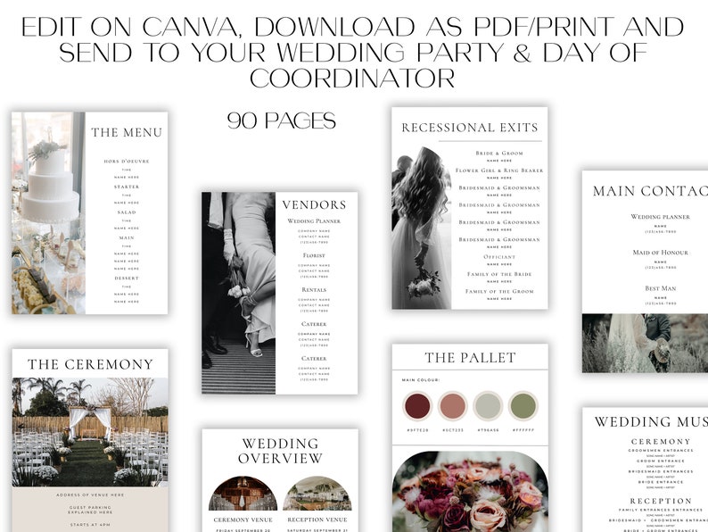 May include: A set of printable wedding planning templates with a black and white color scheme. The templates include sections for the ceremony, reception, vendors, and the wedding menu. The templates are designed to be edited on Canva and downloaded as a PDF.