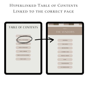 May include: A digital tablet screen displaying a table of contents for a wedding planning guide. The highlighted section is "Part 2: The Vendors". The second tablet screen shows the "The Vendors" section with a list of topics, including "Overview", "The Church", "The Reception", "Caterer + Cake", "Photos + Videos", "Music", "Transportation", and "Accommodations".