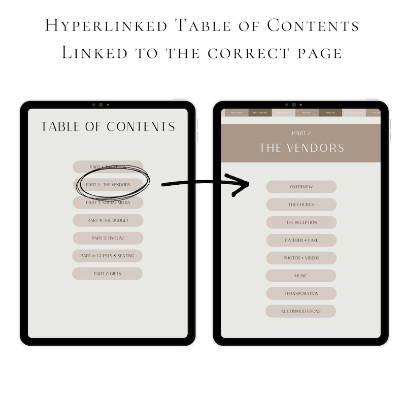 May include: A digital tablet screen displaying a table of contents for a wedding planning guide. The highlighted section is "Part 2: The Vendors". The second tablet screen shows the "The Vendors" section with a list of topics, including "Overview", "The Church", "The Reception", "Caterer + Cake", "Photos + Videos", "Music", "Transportation", and "Accommodations".