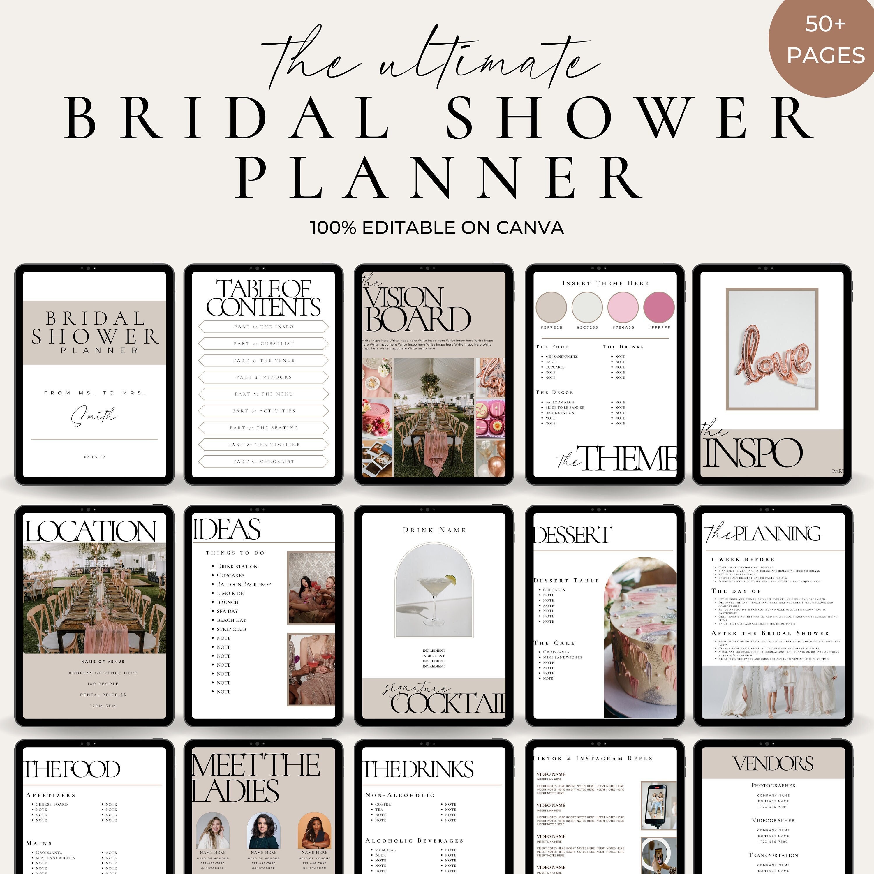 Bridal Shower Planner Template 50 Pages Canva Template Etsy Canada