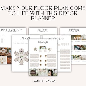 May include: Printable wedding decor planner with instructions, a table layout, a floor plan, and a list of decor items. The planner is designed to be edited in Canva.