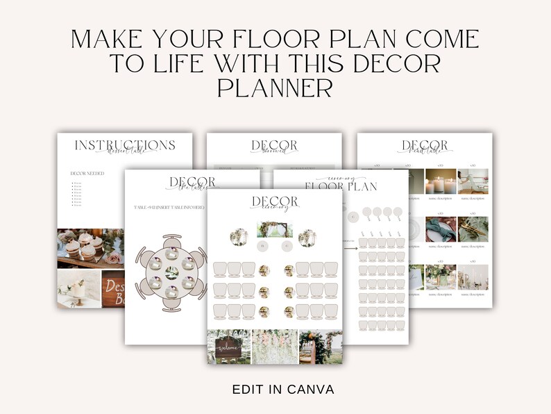 May include: Printable wedding decor planner with instructions, a table layout, a floor plan, and a list of decor items. The planner is designed to be edited in Canva.