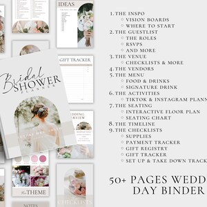 K&ouml;nnte beinhalten: Ein wei&szlig;er und grauer Brautduschen-Planer mit floralem Design und dem Text "Bridal Shower Planner". Der Planer enth&auml;lt Checklisten, Zeitpl&auml;ne und andere hilfreiche Informationen f&uuml;r die Planung einer Brautdusche. Das Cover zeigt ein Foto einer Braut in einem wei&szlig;en Kleid.