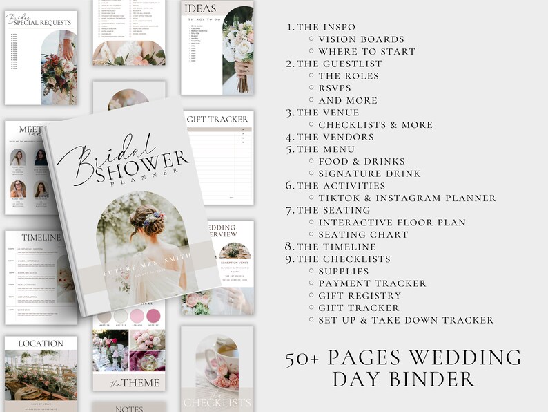 K&ouml;nnte beinhalten: Ein wei&szlig;er und grauer Brautduschen-Planer mit floralem Design und dem Text "Bridal Shower Planner". Der Planer enth&auml;lt Checklisten, Zeitpl&auml;ne und andere hilfreiche Informationen f&uuml;r die Planung einer Brautdusche. Das Cover zeigt ein Foto einer Braut in einem wei&szlig;en Kleid.