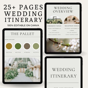 May include: Digital wedding itinerary template displayed on three tablets. The text reads "25+ Pages Wedding Itinerary" and "100% Editable on Canva." The design includes a color palette, wedding overview, and itinerary details. The main colors are olive green and beige.