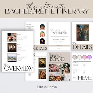 May include: A printable bachelorette party itinerary template with a modern minimalist design. The template includes sections for the overview, cocktails, weekend details, vision board, and theme. The text "Edit in Canva" is at the bottom of the template.