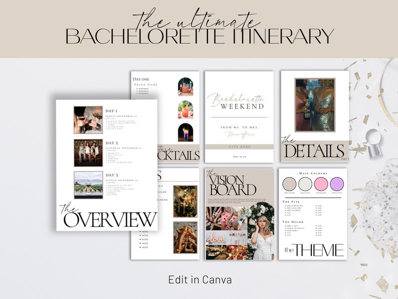 May include: A printable bachelorette party itinerary template with a modern minimalist design. The template includes sections for the overview, cocktails, weekend details, vision board, and theme. The text "Edit in Canva" is at the bottom of the template.