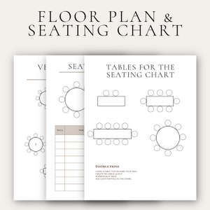 May include: A printable seating chart template for a wedding or event. The template includes a floor plan, seating chart, and instructions for creating a table layout. The template is black and white with a brown border.