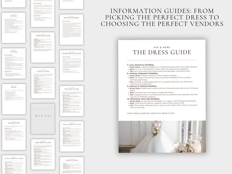 K&ouml;nnte beinhalten: Ein Leitfaden f&uuml;r zuk&uuml;nftige Br&auml;ute mit Informationen zur Auswahl des perfekten Brautkleides. Der Leitfaden umfasst verschiedene Brautkleidstile, wie glamour&ouml;s, intim, skurril und kulturell oder thematisch. Der Leitfaden enth&auml;lt auch ein Foto einer Braut in einem wei&szlig;en Brautkleid.