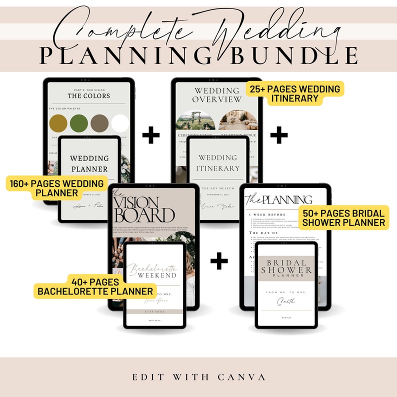 May include: A complete wedding planning bundle displayed on tablets and phones. The bundle includes a wedding planner, itinerary, vision board, bachelorette planner, and bridal shower planner. The text on the image says "Complete Wedding Planning Bundle".