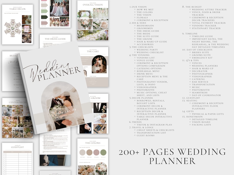 K&ouml;nnte beinhalten: Ein Hochzeitsplaner mit einem wei&szlig;en Cover und einem Paar im Hintergrund. Der Planer tr&auml;gt den Titel "Wedding Planner" und den Text "200+ Pages Wedding Planner".