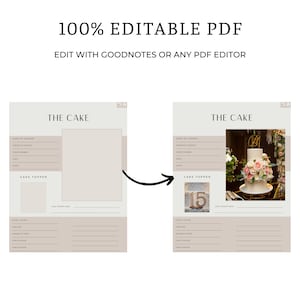 May include: A printable wedding planning checklist with a section for cake details. The checklist includes fields for the cake vendor, cake topper, cake theme, number of tiers, cake size, icing flavor, and cake flavor. The checklist also includes a space for a photo of the cake.