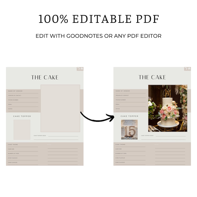 May include: A printable wedding planning checklist with a section for cake details. The checklist includes fields for the cake vendor, cake topper, cake theme, number of tiers, cake size, icing flavor, and cake flavor. The checklist also includes a space for a photo of the cake.